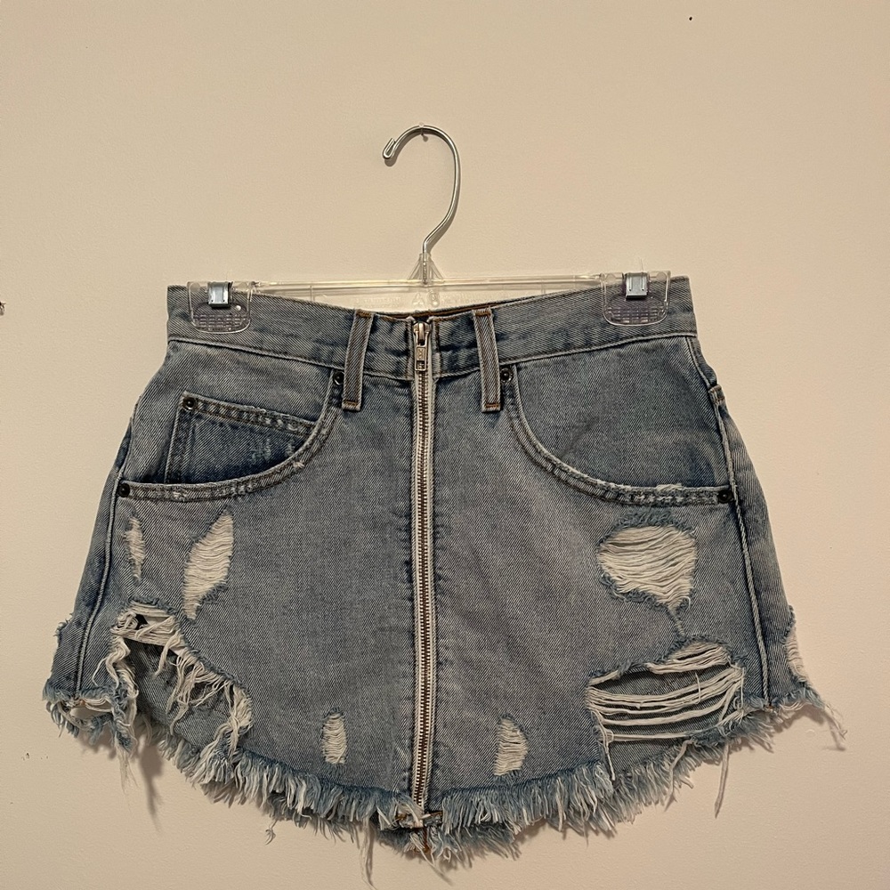 Distressed Carmar Denim Jean Skirt with Zipper Detail in the Front